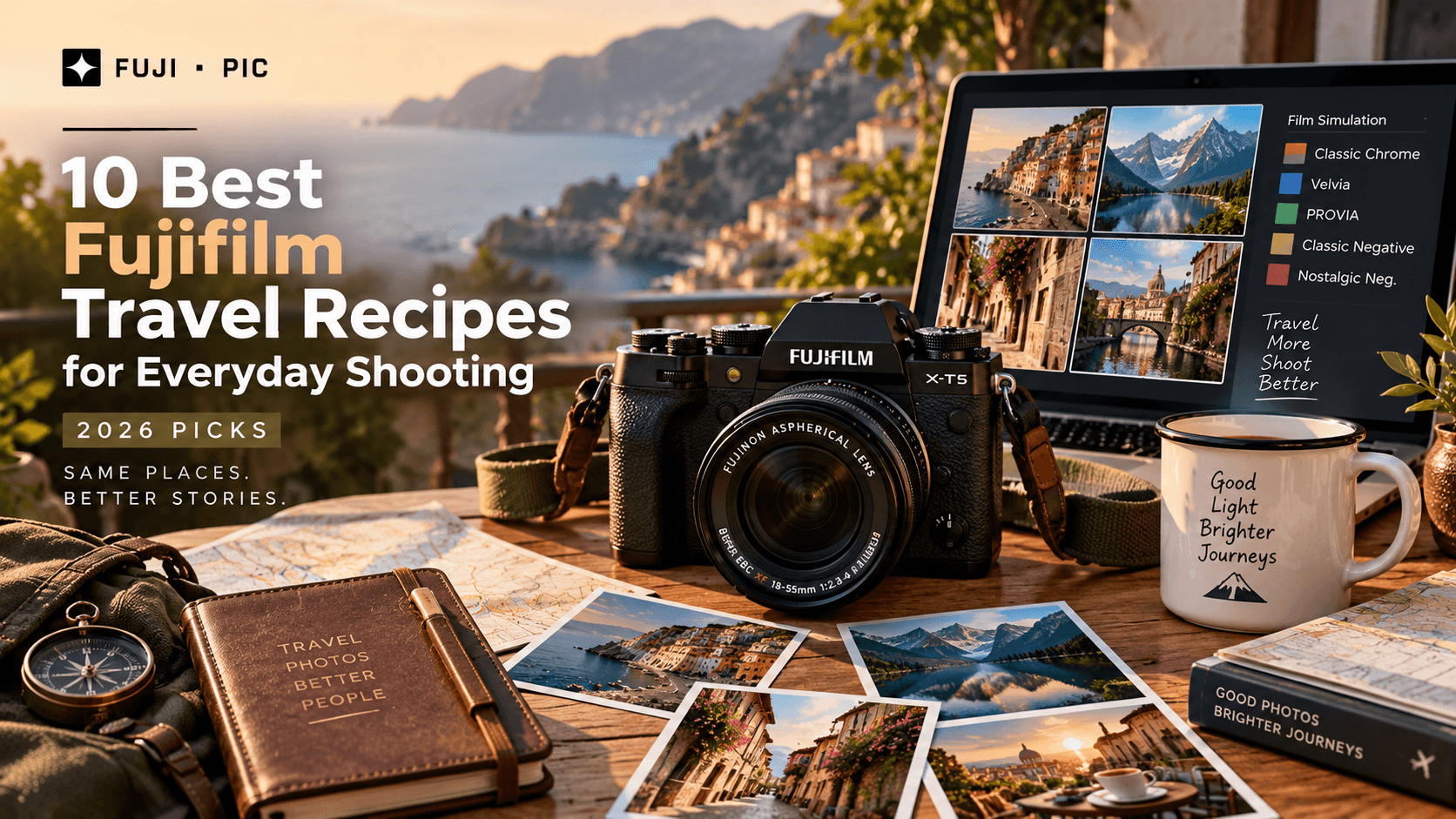 Fujifilm camera loaded with a custom travel recipe, ready to shoot vibrant landscapes and street scenes
