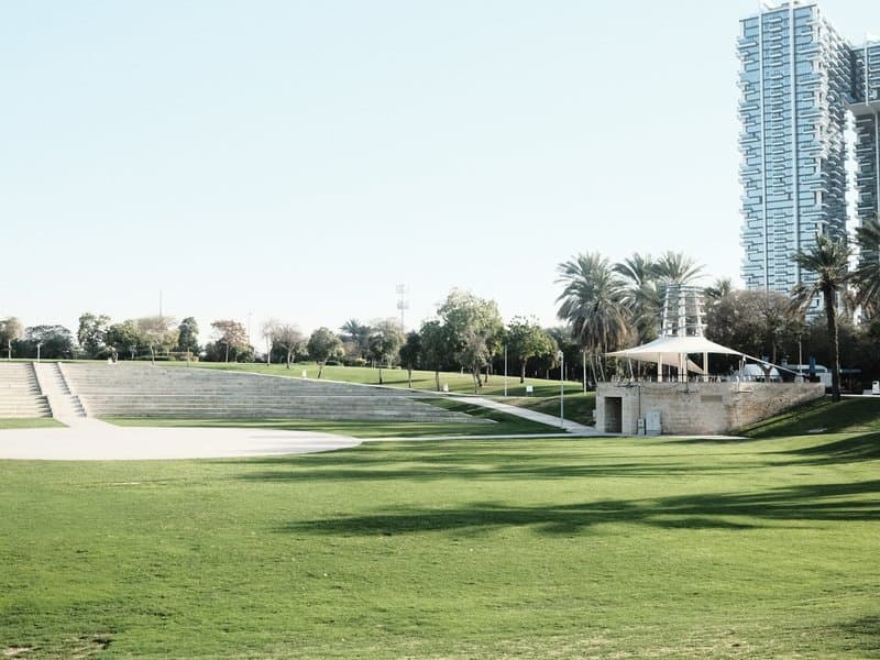A spacious green park with a gazebo and palm trees, surrounded by modern buildings under a clear sky.