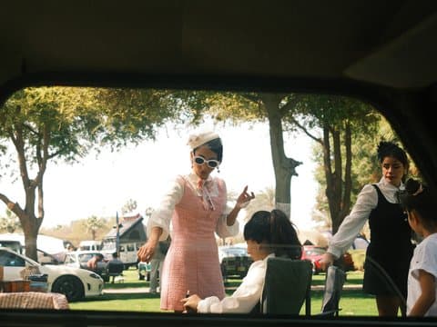 A woman in a pink dress gestures animatedly while another woman assists a child outdoors.