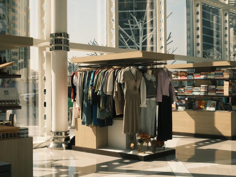 Clothing display in a modern retail store with large windows and bright sunlight.