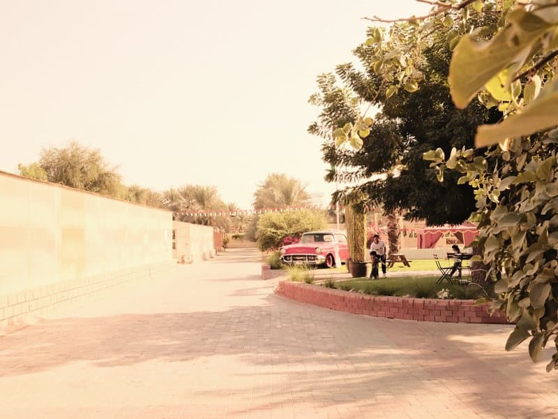 A winding path leads through a garden with lush greenery and a vintage car parked nearby.