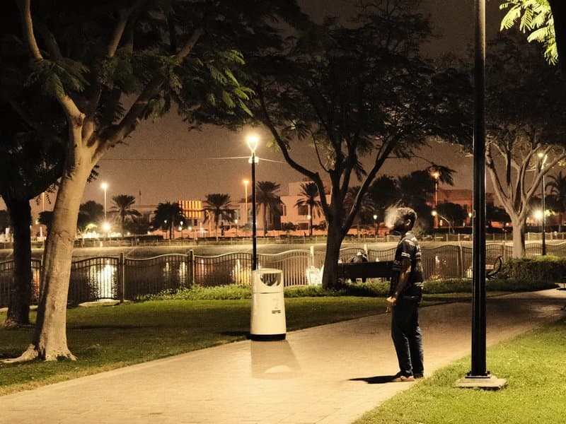 A solitary figure stands in a park at night, illuminated by streetlights, with a lake reflecting city lights.