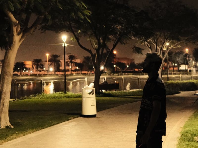Silhouette of a person standing on a path by a lake at night, surrounded by trees and streetlights.