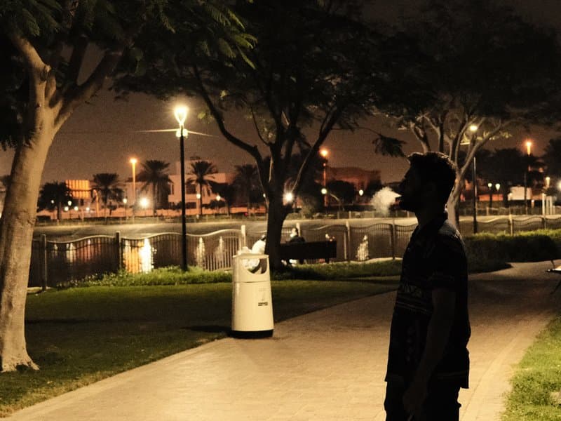 Silhouette of a person standing by a lake at night with streetlights illuminating the path.