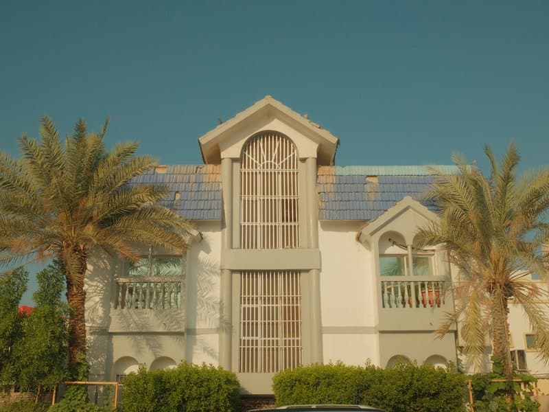 A modern house with solar panels, surrounded by palm trees under a clear blue sky.