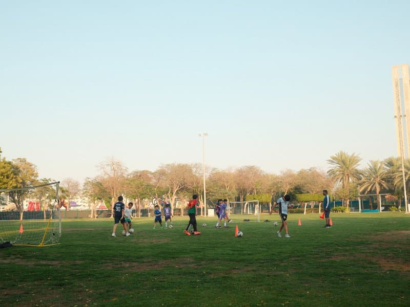A group of people playing soccer on a grassy field with trees in the background under a clear sky.