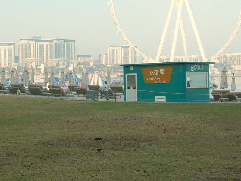A teal kiosk in a park with a ferris wheel and city buildings in the background under a hazy sky.