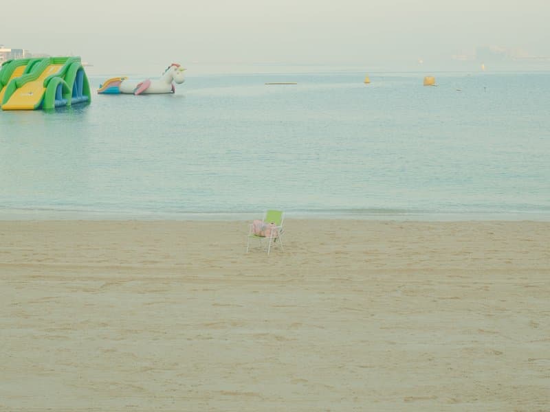 A small dog playing on a sandy beach with colorful inflatable structures in the background.