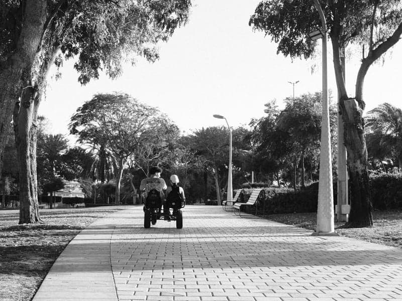 Two people riding a bicycle on a paved path surrounded by trees in a park.