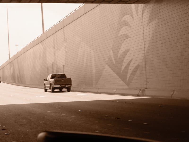 A truck driving through an underpass with a patterned wall featuring palm trees.