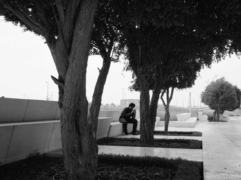 A solitary figure sitting on a bench under trees in a minimalist urban park setting.