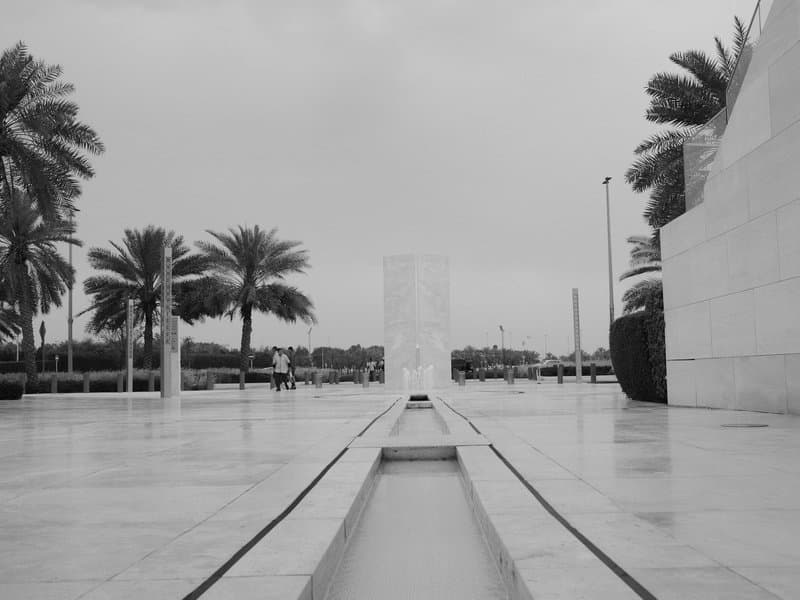 A serene outdoor scene featuring palm trees and a water feature on a cloudy day.