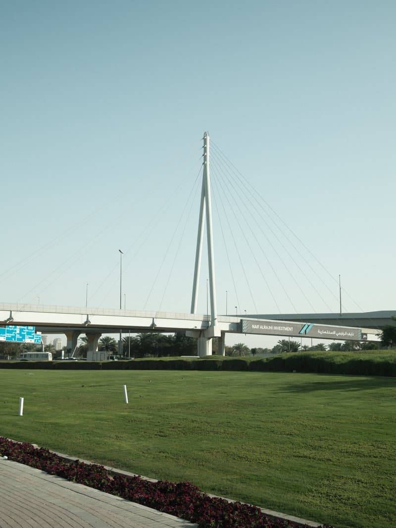 A modern cable-stayed bridge with a clear sky and green grass in the foreground.