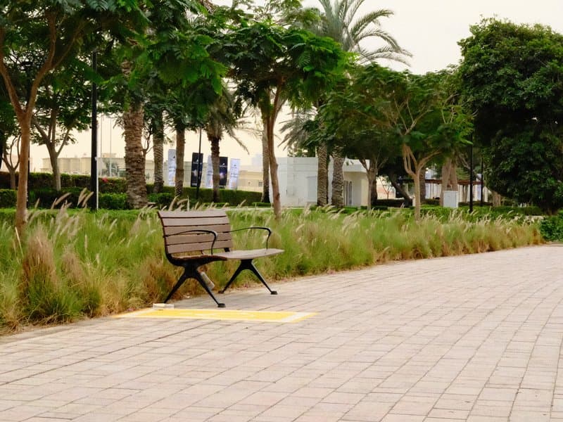 A solitary bench along a pathway lined with greenery and palm trees under a hazy sky.