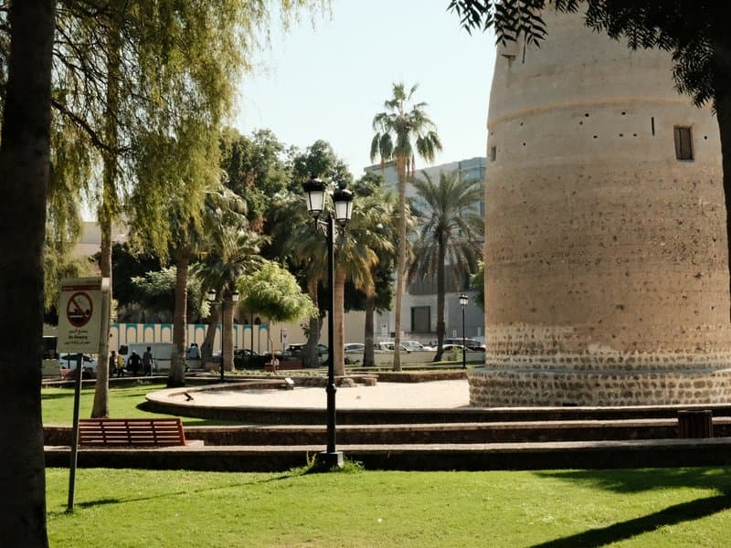 A historic tower surrounded by palm trees and green grass in a sunny park setting.