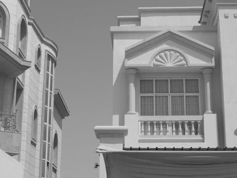 Black and white photo of a building facade with classical architectural features and a neighboring structure.