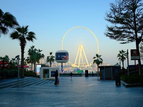 A scenic view of a waterfront promenade with palm trees and a large illuminated ferris wheel in the background.