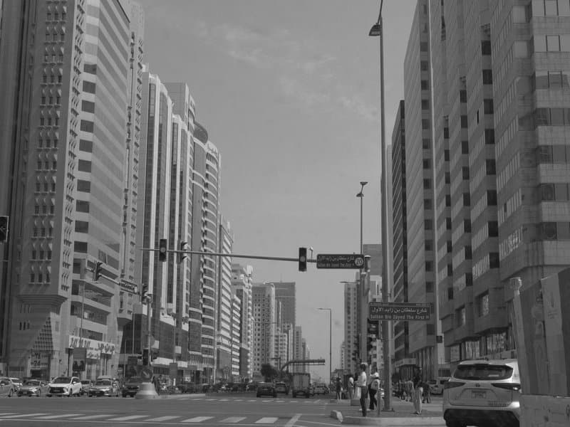 Black and white urban scene with tall buildings lining a busy street and traffic signals.