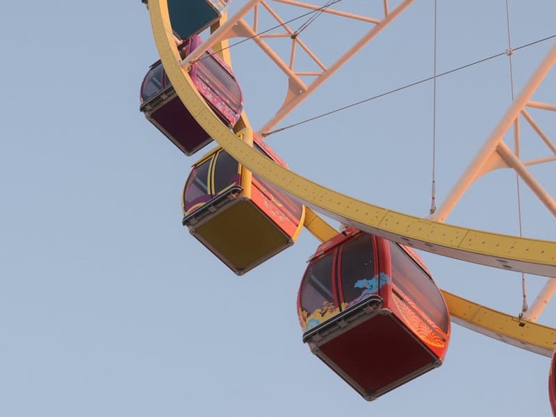 Close-up of a colorful ferris wheel with three gondolas against a clear sky.