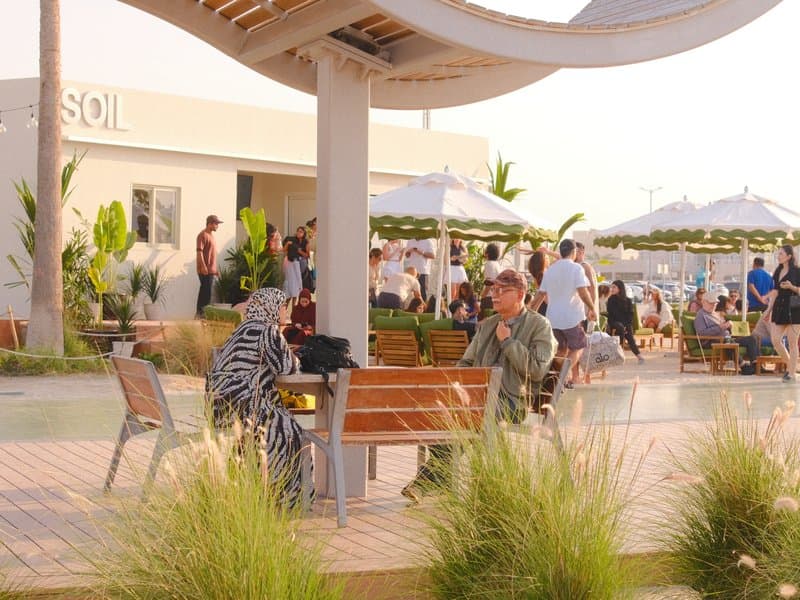 A lively outdoor café scene with people socializing under umbrellas and palm trees during golden hour.