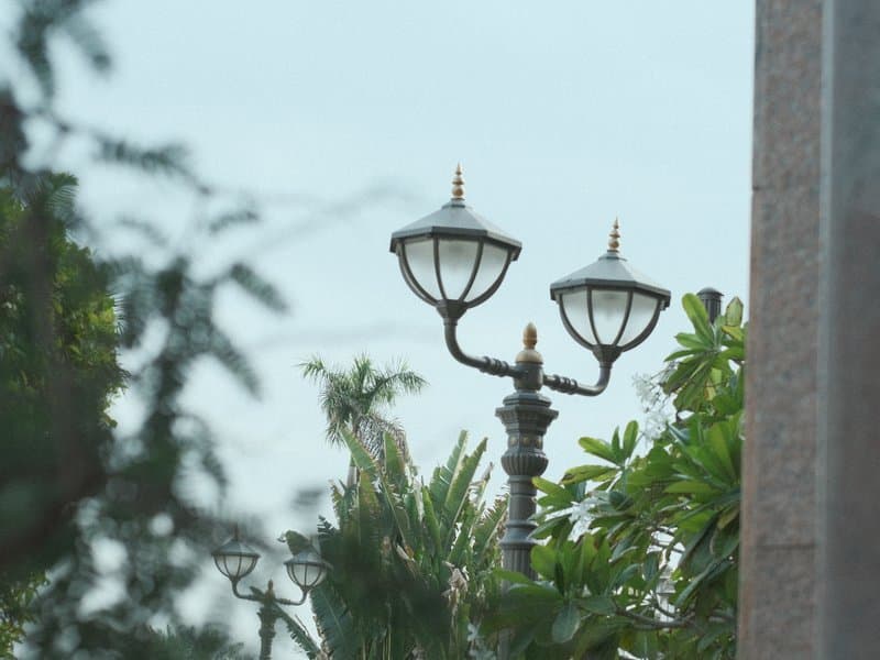 Two ornate street lamps surrounded by greenery under a cloudy sky.