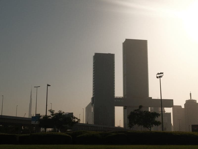 Silhouette of two tall buildings against a hazy sky, with trees and streetlights in the foreground.