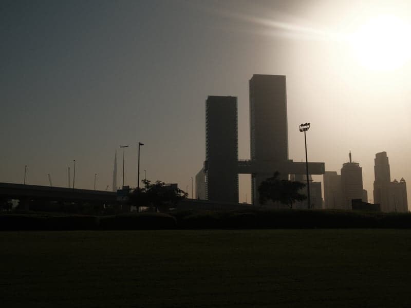 Silhouetted skyscrapers against a bright sun, with a grassy foreground and urban skyline in the background.