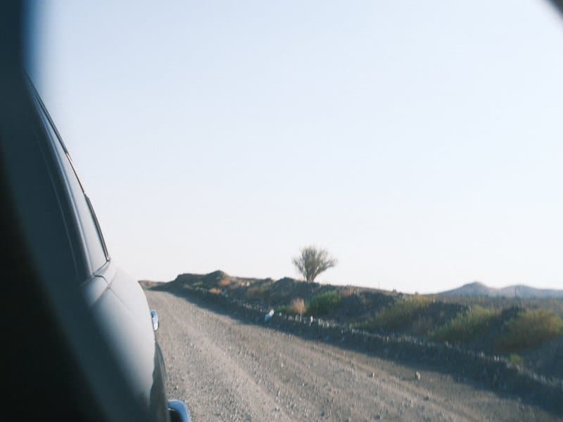 A view of a gravel road with a tree in the distance, seen from a car window.